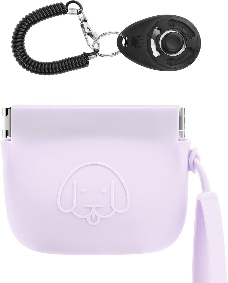 WALLFID Silicone Dog Treat Pouch, Auto Closure, with Pet Training Clicker, Walking Bag for Dog and Cat, Pocket Size, Easy to Clean, Odorless, Travel Walking Bag (Light Purple) - Image 1